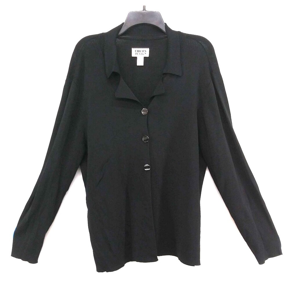 Chicos Design Sweater Women Size 3 Black 3 Button Long Sleeve Knit Cardigan Top